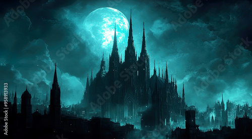 Fantasy landscape with architecture in a painted style.