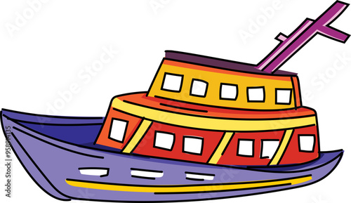 Cartoon cruise ship illustration on transparent background.
