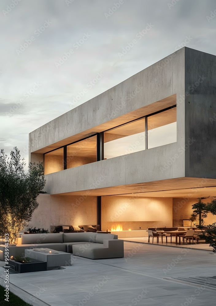Modern Concrete House With Patio and Outdoor Fireplace Modern Concrete House With Patio and Outdoor Fireplace