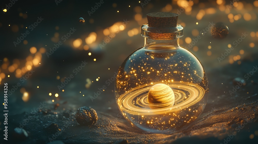 A round glass bottle with a cork encloses a tiny universe, with twinkling stars, a glowing sun, and a ringed planet, all floating in dark, infinite space A round glass bottle with a cork encloses a tiny universe, with twinkling stars, a glowing sun, and a ringed planet, all floating in dark, infinite space