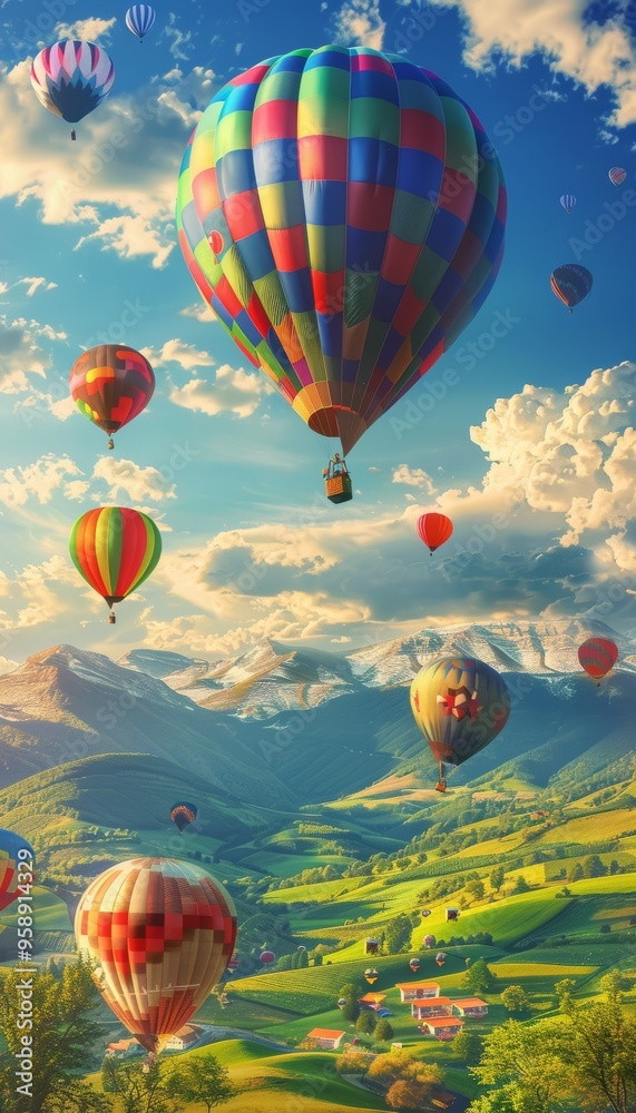 Fototapeta premium Colorful Hot Air Balloon Festival Over Scenic Countryside Landscape at Sunrise