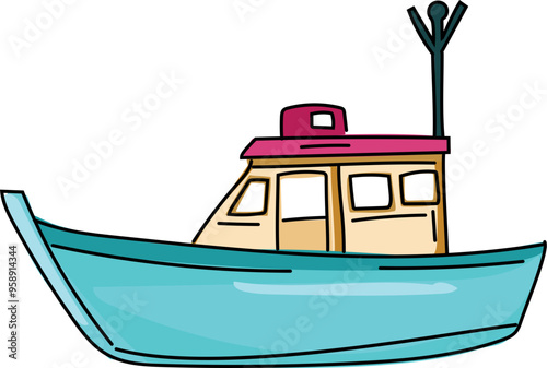 Cartoon fishing boat illustration on transparent background.
