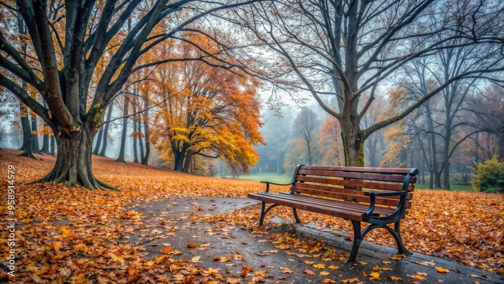 Lonely park bench amidst autumn foliage and misty atmosphere, inviting tranquility and reflection
Lonely park bench amidst autumn foliage and misty atmosphere, inviting tranquility and reflection