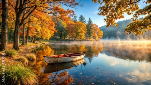 Serene autumn lake with a wooden boat, colorful foliage, and misty reflections in calm water photo