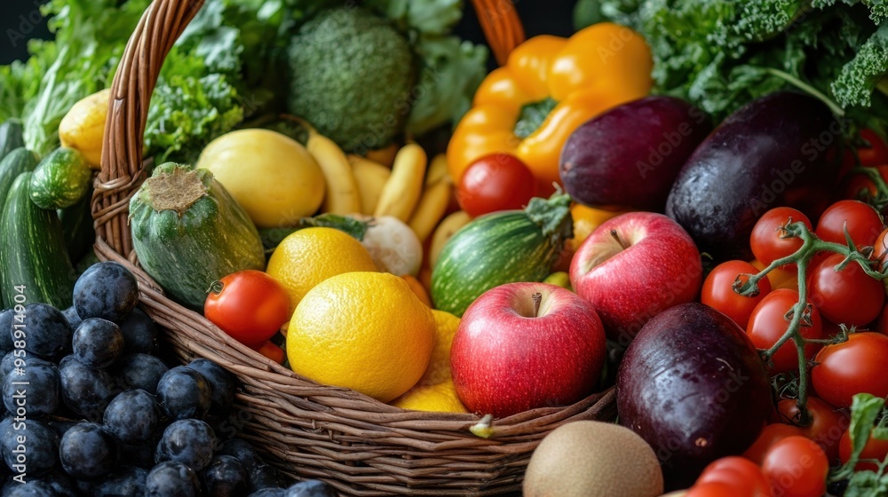 Colorful Fresh Fruits and Vegetables in a Basket Colorful Fresh Fruits and Vegetables in a Basket