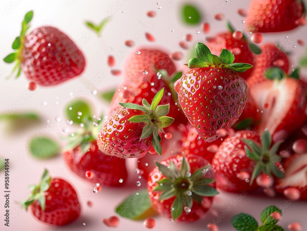 falling strawberries with slices and green leaves falling strawberries with slices and green leaves