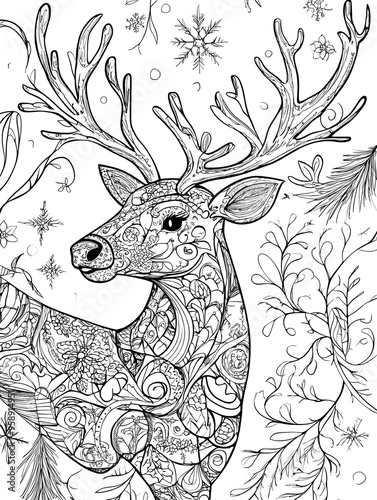 christmas a4 colouring page, black and white reindeer