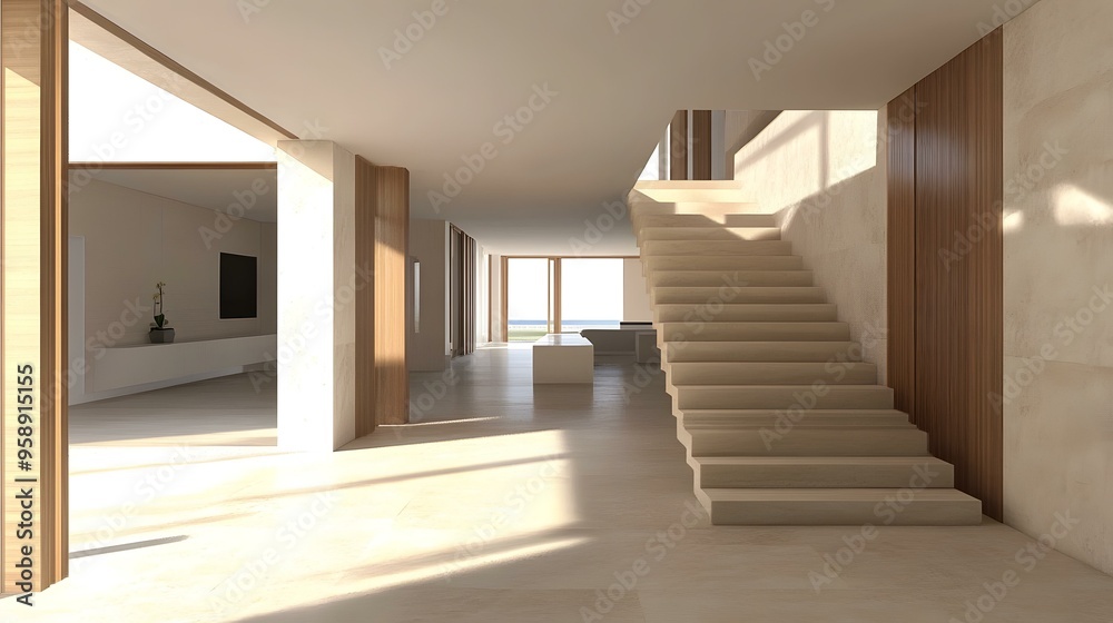 Obraz premium Modern Interior Design with Wooden Stairs and Floor
