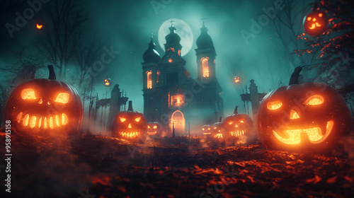 Halloween Scene, Party of pumpkins and zombies in moonlight. Contain Moon 3D rendering, deformed and church with reassembled parts. Generative ai illustrations.