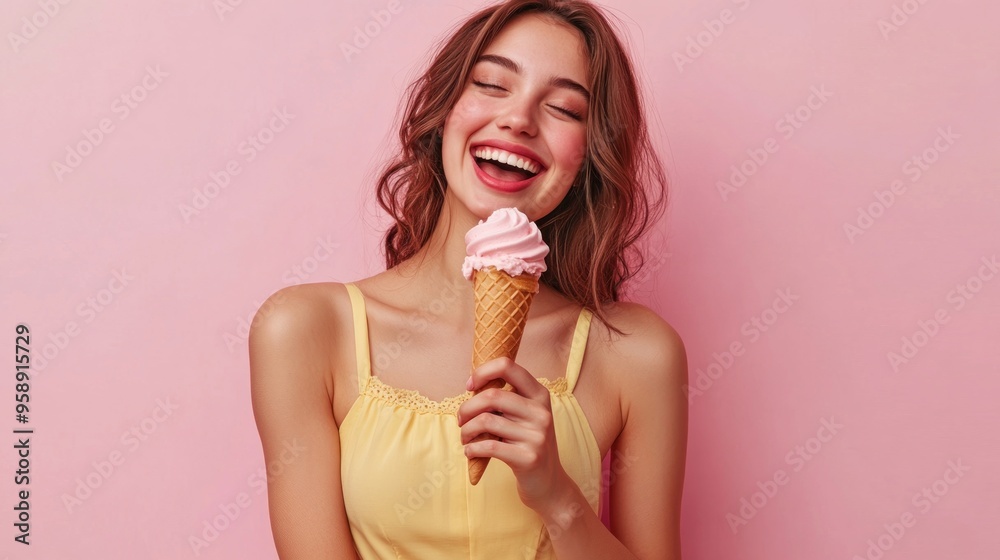 Happy Young Woman Enjoying Delicious Ice Cream Cone Happy Young Woman Enjoying Delicious Ice Cream Cone