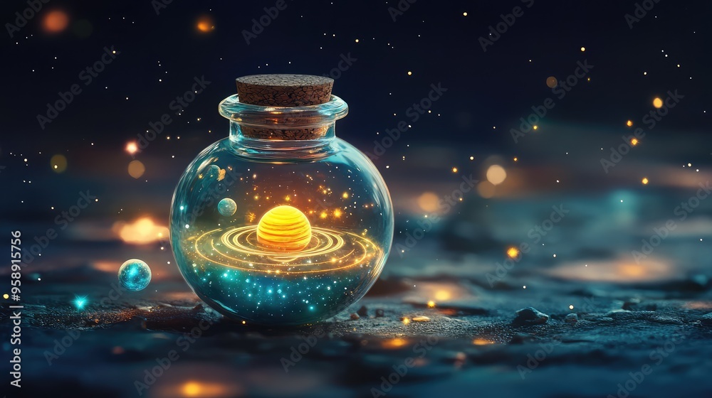 A round glass bottle with a cork seals in a tiny universe, featuring glowing stars, a sun, and a planet with rings, all floating in the vast darkness A round glass bottle with a cork seals in a tiny universe, featuring glowing stars, a sun, and a planet with rings, all floating in the vast darkness