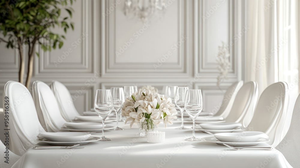 Elegant White Table Setting with Flowers Elegant White Table Setting with Flowers