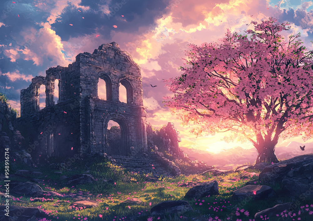 Fantasy landscape with architecture in a painted style. Fantasy landscape with architecture in a painted style.