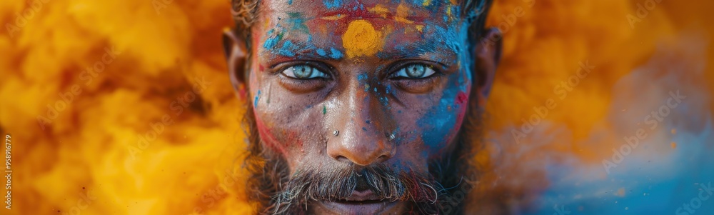 Man with a beard and blue eyes with paint on his face, holi holiday , banner, copy space Man with a beard and blue eyes with paint on his face, holi holiday , banner, copy space