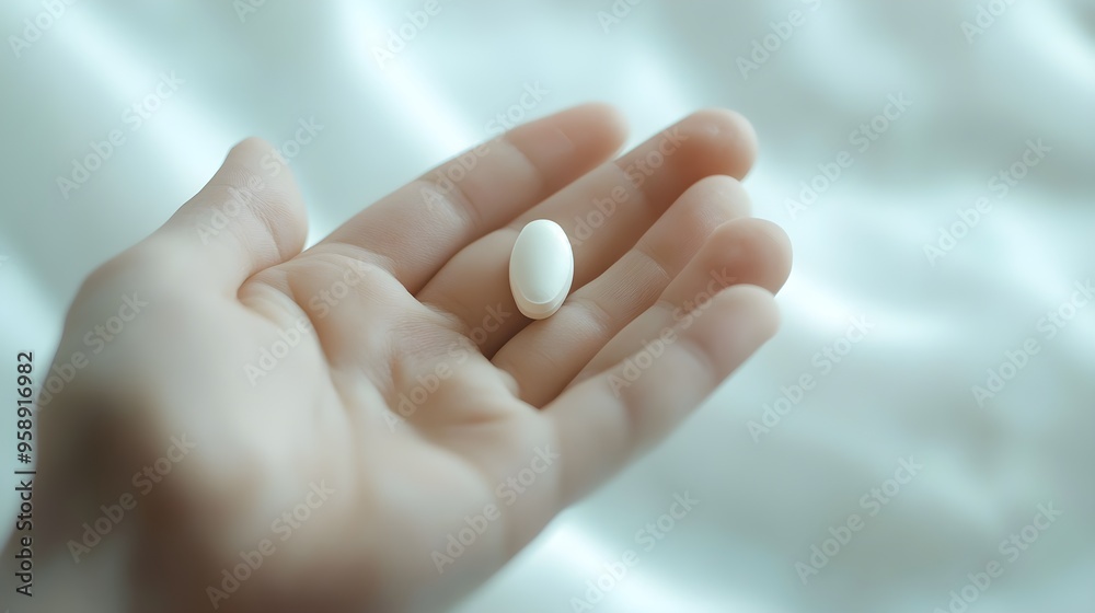 Focused View Of A Person Holding A Single White Pill In Their Palm, With A Soft Background Focused View Of A Person Holding A Single White Pill In Their Palm, With A Soft Background