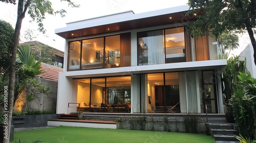 Modern White House with Large Glass Windows and Lush Green Lawn