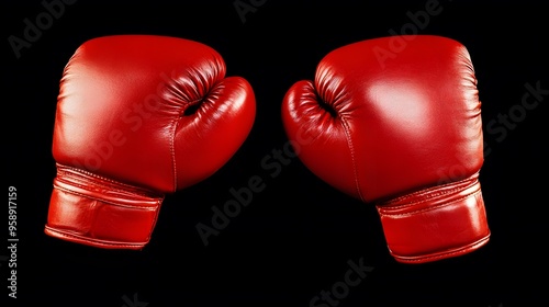 A pair of red boxing gloves face off against a black background.