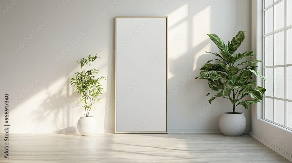 Wall mirror reflecting a minimalist room, with ample space for copy. Wall mirror reflecting a minimalist room, with ample space for copy.