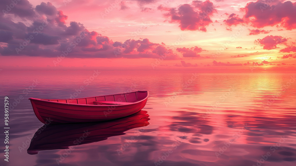 This image captures a vivid pink rowboat floating on calm water during a stunning sunset, highlighting the serene and tranquil atmosphere with breathtaking colors and reflections. This image captures a vivid pink rowboat floating on calm water during a stunning sunset, highlighting the serene and tranquil atmosphere with breathtaking colors and reflections.