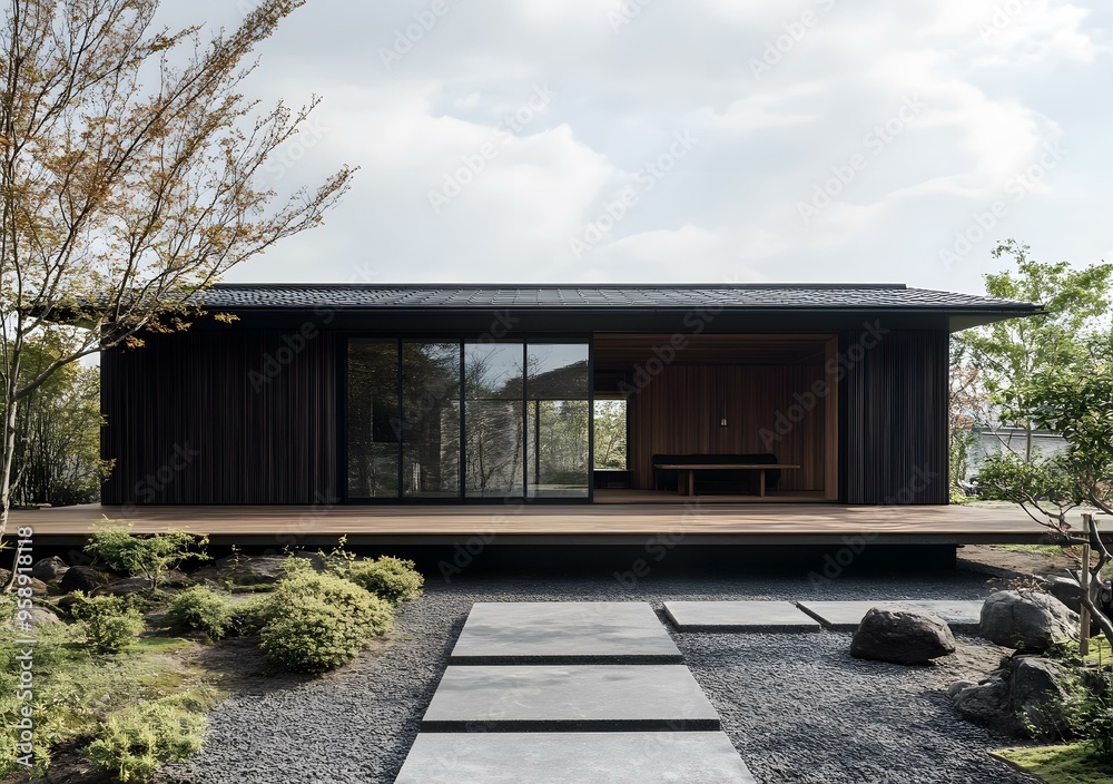 Modern Japanese Style House with Wooden Deck and Gravel Garden Modern Japanese Style House with Wooden Deck and Gravel Garden