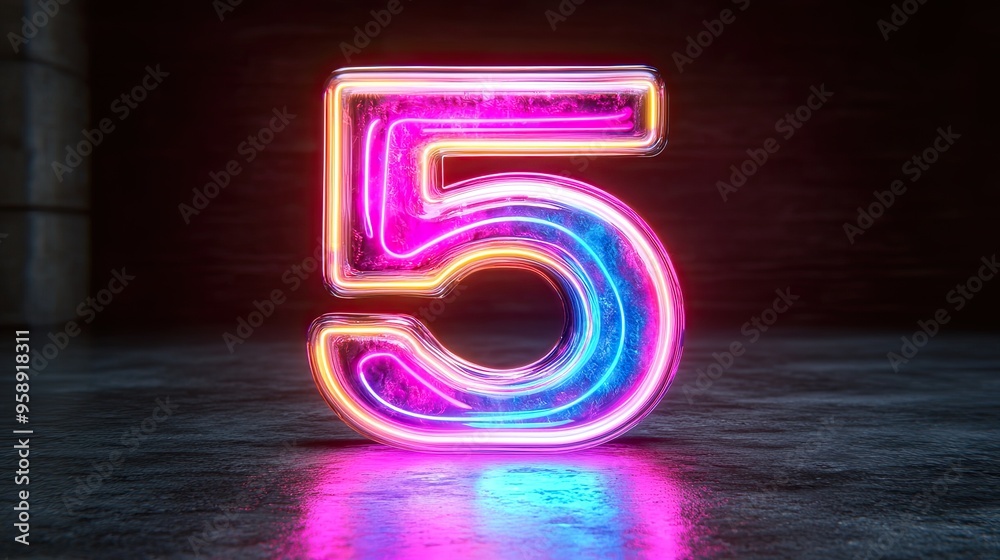 neon number five glowing in the dark with ultraviolet light pink blue gradient laser ray neon number five glowing in the dark with ultraviolet light pink blue gradient laser ray
