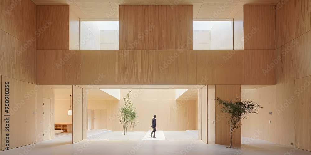 Fototapeta premium Minimalist Interior Design With Wooden Walls and a Courtyard