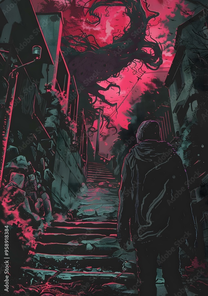 Man Walking Up Stairs in Creepy Alley With Monster in the Sky Man Walking Up Stairs in Creepy Alley With Monster in the Sky
