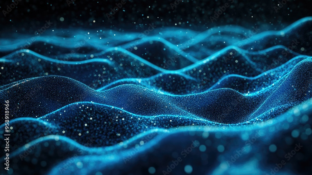 Blue horizontal lines of particles creating a wavy, undulating effect on a dark background, emphasizing abstract digital landscapes and communication technology. - Blue horizontal lines of particles creating a wavy, undulating effect on a dark background, emphasizing abstract digital landscapes and communication technology. -