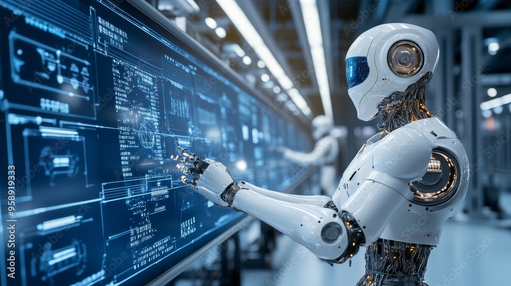 A futuristic robot interacting with a digital interface, showcasing advanced technology and data analysis. A futuristic robot interacting with a digital interface, showcasing advanced technology and data analysis.