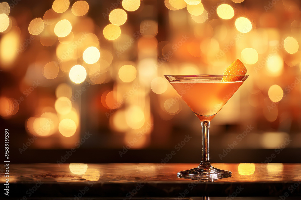 custom made wallpaper toronto digitalA sophisticated cocktail in a martini glass garnished with an orange twist, set against a backdrop of warmly blurred lights, evoking a sense of elegance and celebration.