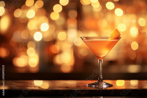 Wallpaper Mural A sophisticated cocktail in a martini glass garnished with an orange twist, set against a backdrop of warmly blurred lights, evoking a sense of elegance and celebration. Torontodigital.ca
