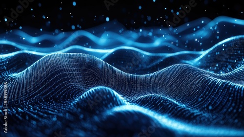 Blue horizontal particle lines creating a smooth, undulating 3D effect against a dark backdrop, capturing the essence of digital and communication technology.