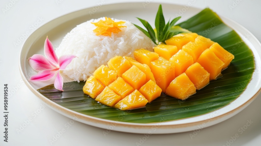 A beautifully arranged plate of traditional Thai desserts, including mango sticky rice and coconut jelly, set against a clean white background