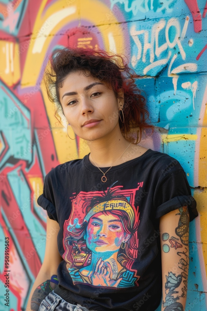 Fototapeta premium Confident Individual in Pride T-Shirt Against Vibrant Graffiti Wall - Design for Posters and Cards