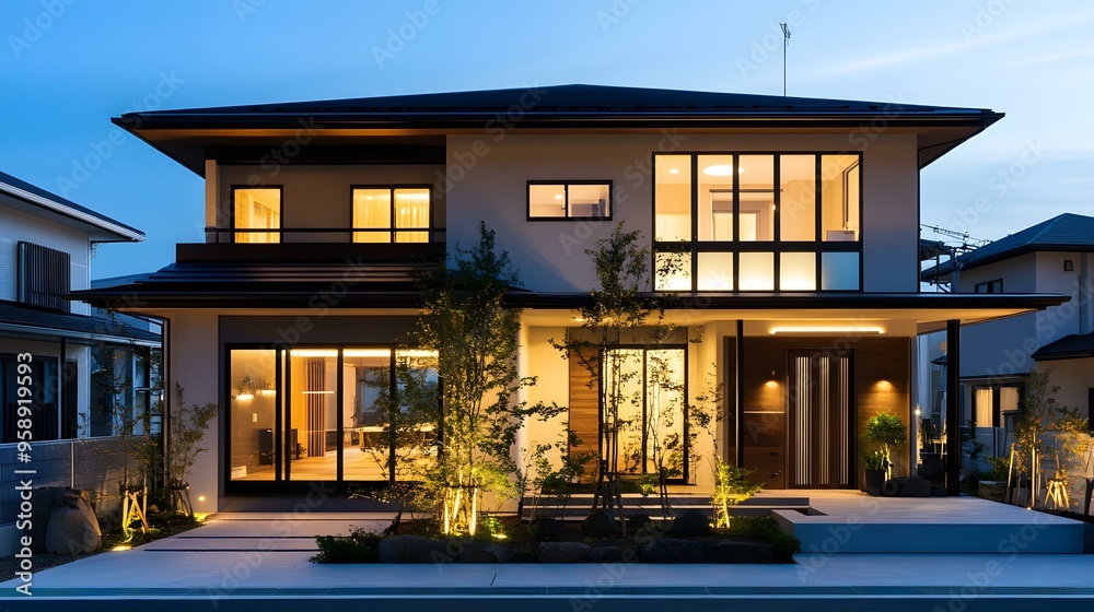 Obraz premium Modern Japanese Style House Exterior Design with Lighting at Dusk
