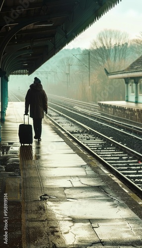 Solitary Figure at Foggy Train Platform Reflecting on Journeys - Travel Poster Design photo