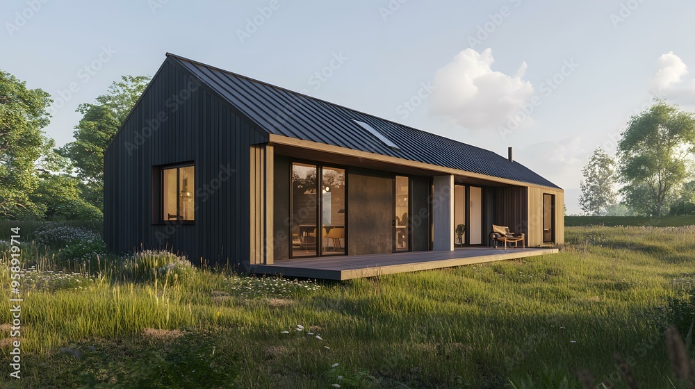 Modern Black House with Large Windows and Deck in Field Modern Black House with Large Windows and Deck in Field