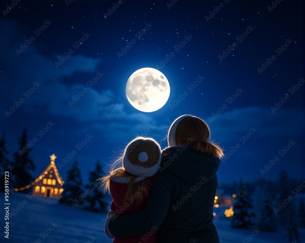 Obraz premium Mother and her little daughter looking at Santa Claus with reindeers in sky on full moon night.