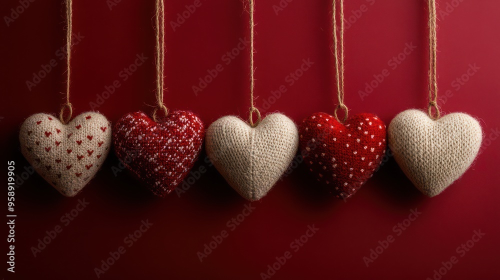 Handmade Stitched Hearts on Festive Red Background Handmade Stitched Hearts on Festive Red Background