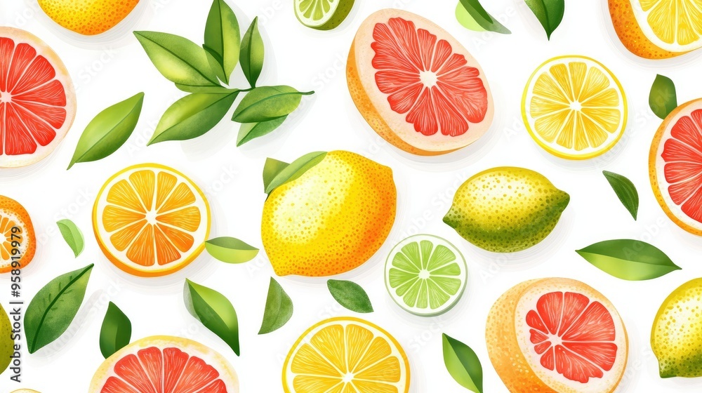 A bold fruit pattern featuring a mix of citrus fruits such as lemons, limes, and grapefruits, with bright, contrasting colors on a white background. A bold fruit pattern featuring a mix of citrus fruits such as lemons, limes, and grapefruits, with bright, contrasting colors on a white background.