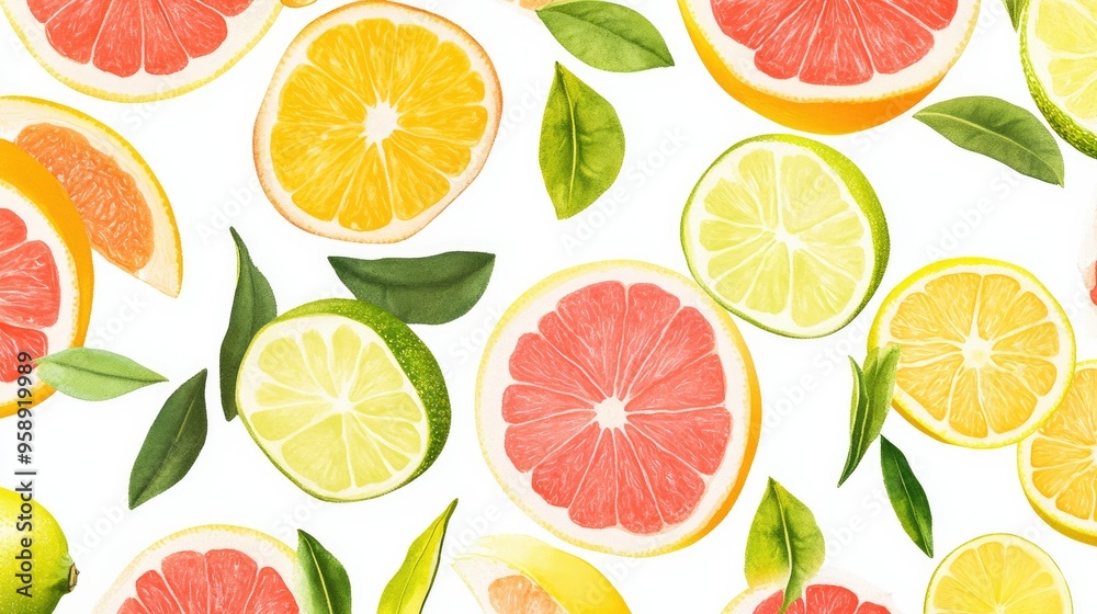 A bold fruit pattern featuring a mix of citrus fruits such as lemons, limes, and grapefruits, with bright, contrasting colors on a white background. A bold fruit pattern featuring a mix of citrus fruits such as lemons, limes, and grapefruits, with bright, contrasting colors on a white background.