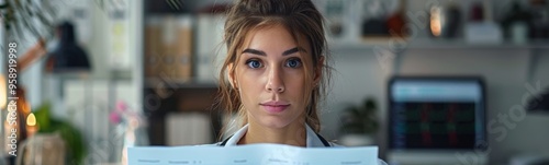 Free Download Blond woman doctor with blue eyes reading a book in a room, banner, copy space - GFXLoad