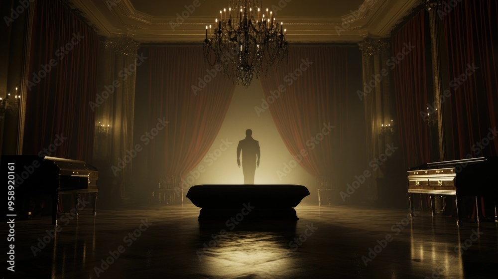 Vampire’s Lair with a Gothic Coffin, Red Drapes, and a Mysterious Shadowy Figure in the Dark Vampire’s Lair with a Gothic Coffin, Red Drapes, and a Mysterious Shadowy Figure in the Dark