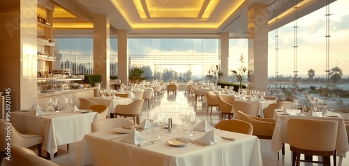 An elegant restaurant with a stunning sunset view, featuring neatly set tables and a serene ambiance ideal for fine dining. Enjoy a romantic and tranquil atmosphere along the waterfront