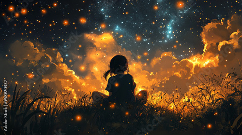 A little girl sitting on the grass, watching fireflies flying in front of her under the stars and moonlight