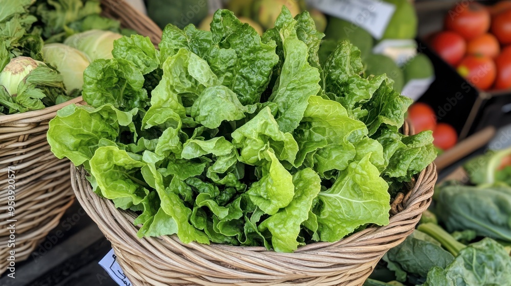 A bunch of green oak lettuce in a woven basket at a farmer's market, surrounded by other fresh produce. A bunch of green oak lettuce in a woven basket at a farmer's market, surrounded by other fresh produce.
