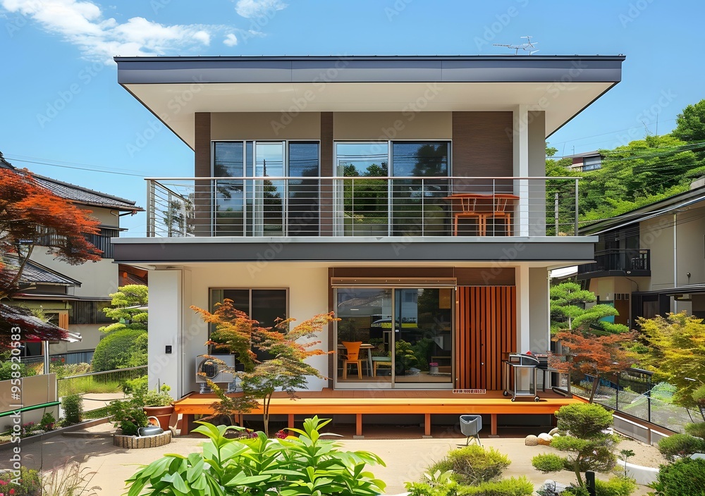 Fototapeta premium Modern Japanese Home with Wooden Deck and Balcony