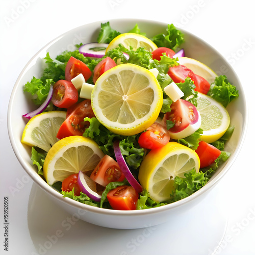 cold mangal salad with lemon slice with white background