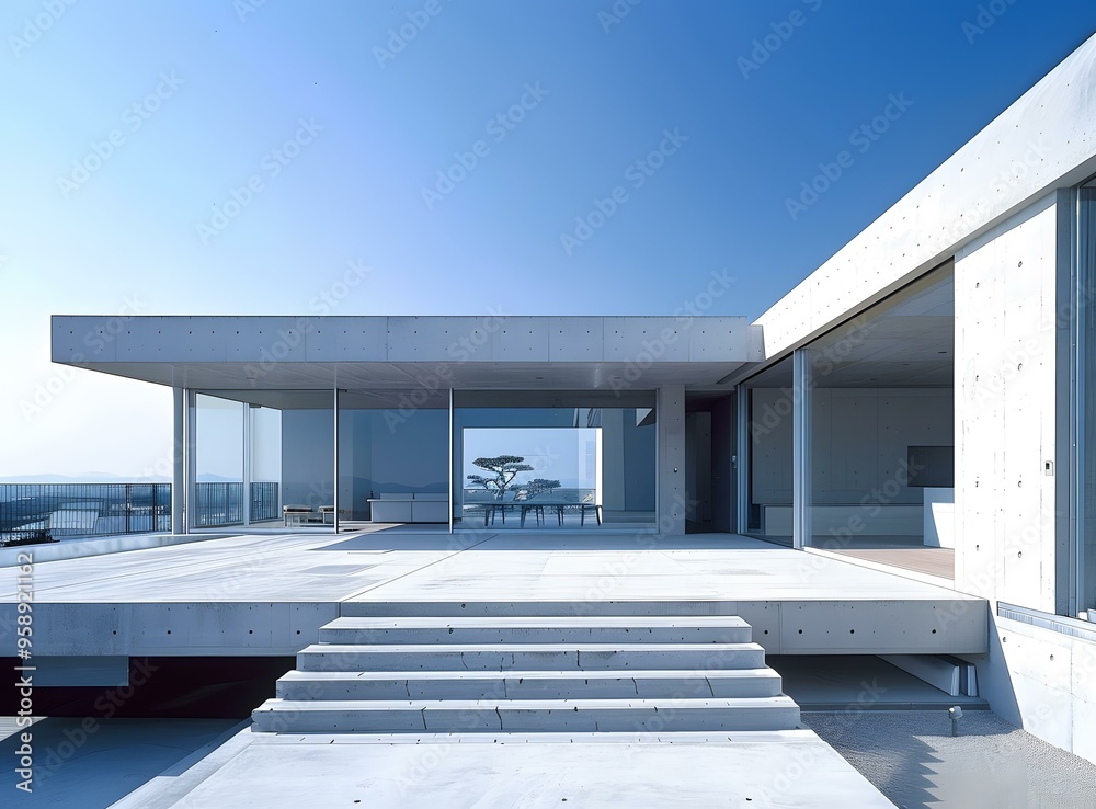 Fototapeta premium Modern Concrete House with Open Terrace and Glass Doors