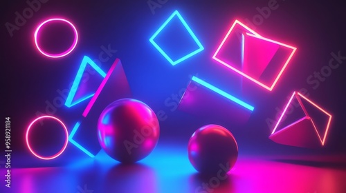 Abstract Neon Shapes and Spheres in Dark Background